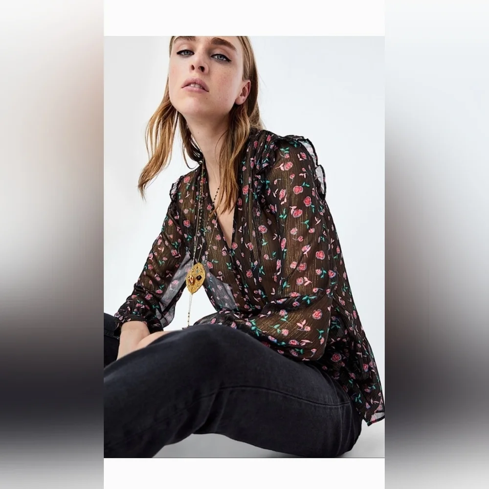 NWOT! Sheer Metallic Women's Zara Spring Peplum Floral Boho Blouse Medium - Picture 10 of 15